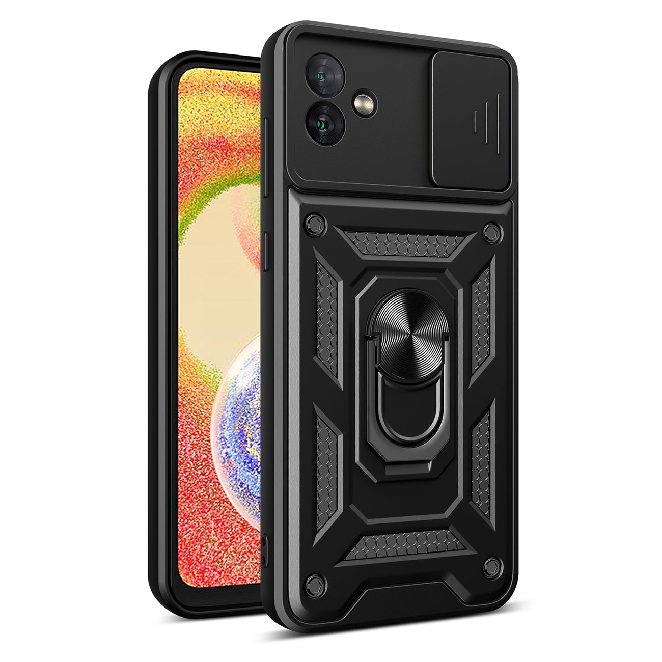 Kickstand Ring Holder with Slide Camera Cover TPU Magnetic Car Mount for GALAXY A04 In Black